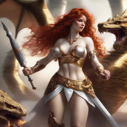 A full body image of a freckled, curly redhead fantasy priestess with full lips, wearing gold and white bikini armor, engaged in battle with a platinum dragon