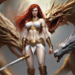 A full body image of a freckled, curly redhead fantasy priestess with full lips, wearing gold and white bikini armor, engaged in battle with a platinum dragon