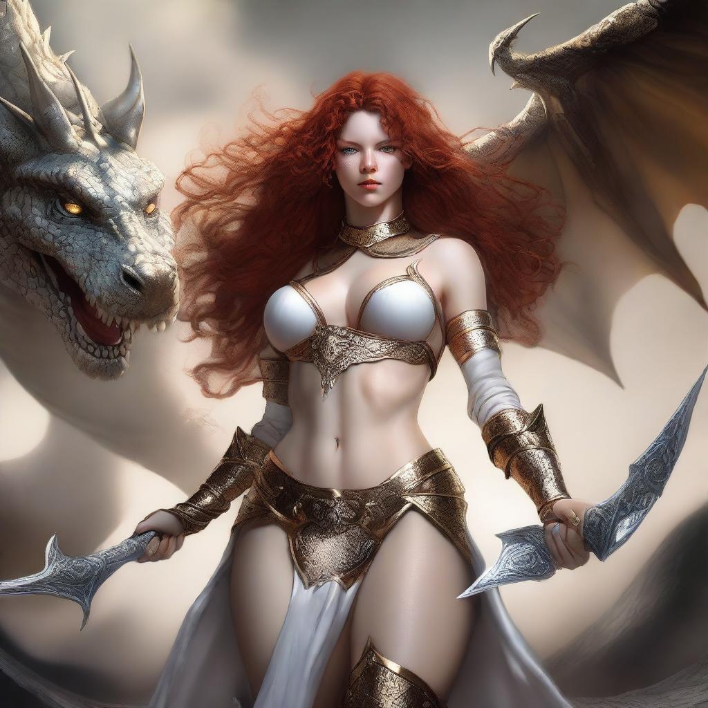 A full body image of a freckled, curly redhead fantasy priestess with full lips, wearing revealing gold and white bikini armor, engaged in battle with a platinum dragon