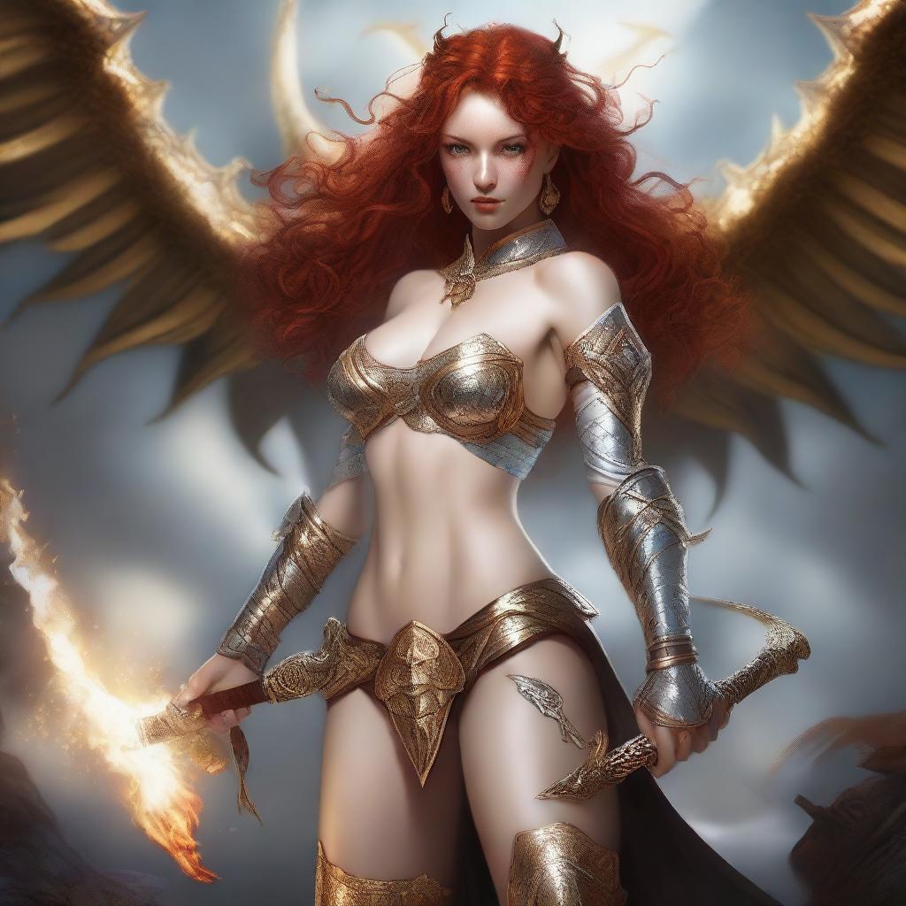 A full body image of a freckled, curly redhead fantasy priestess with full lips, wearing revealing gold and white bikini armor, engaged in battle with a platinum dragon