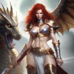 A full body image of a freckled, curly redhead fantasy priestess with full lips, wearing revealing gold and white bikini armor, engaged in battle with a platinum dragon