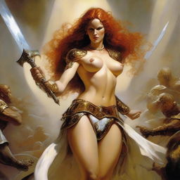 A full body image of a freckled, curly redhead fantasy priestess with full lips, wearing revealing gold and white bikini armor, engaged in battle in the style of Boris Vallejo