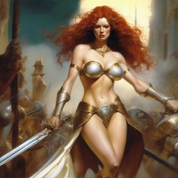 A full body image of a freckled, curly redhead fantasy priestess with full lips, wearing revealing gold and white bikini armor, engaged in battle in the style of Boris Vallejo