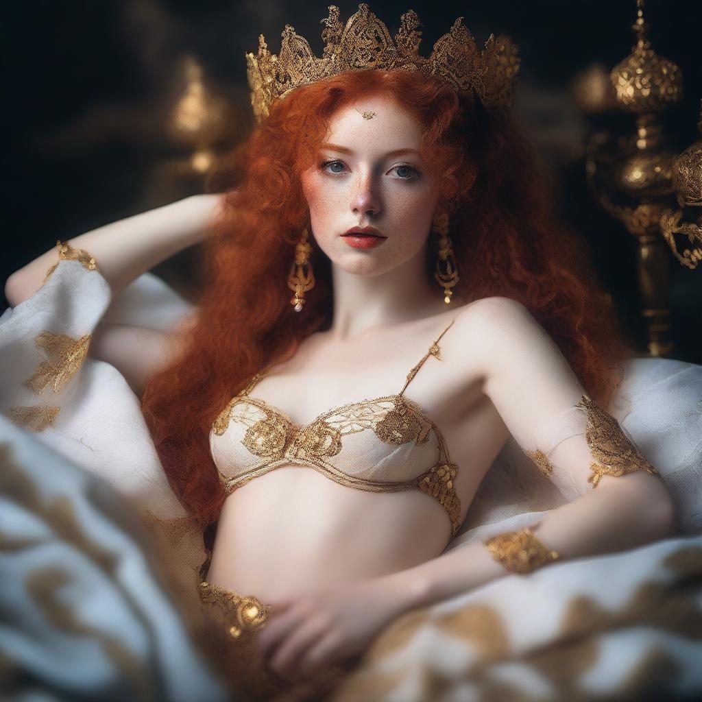 A full body image of a freckled, curly redhead fantasy priestess with full lips, wearing gold and white lingerie, laying down with her hands behind her head