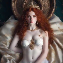 A full body image of a freckled, curly redhead fantasy priestess with full lips, wearing gold and white lingerie, laying down with her hands behind her head