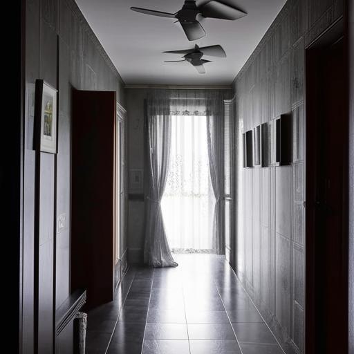 A hallway featuring grey marble tiles, walls painted in fuscous grey, a TV unit with a wooden door on the same wall, elegant curtains adorning a wooden window, two ceiling fans with lights, a solitary wall frame and clock, and a corner lamp.