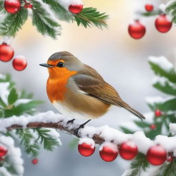 A festive red robin perched on a snow-covered branch, surrounded by Christmas decorations such as holly, ornaments, and twinkling lights