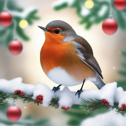 A festive red robin perched on a snow-covered branch, surrounded by Christmas decorations such as holly, ornaments, and twinkling lights