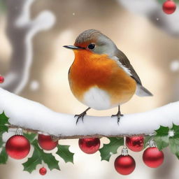 A festive red robin perched on a snow-covered branch, surrounded by Christmas decorations such as holly, ornaments, and twinkling lights