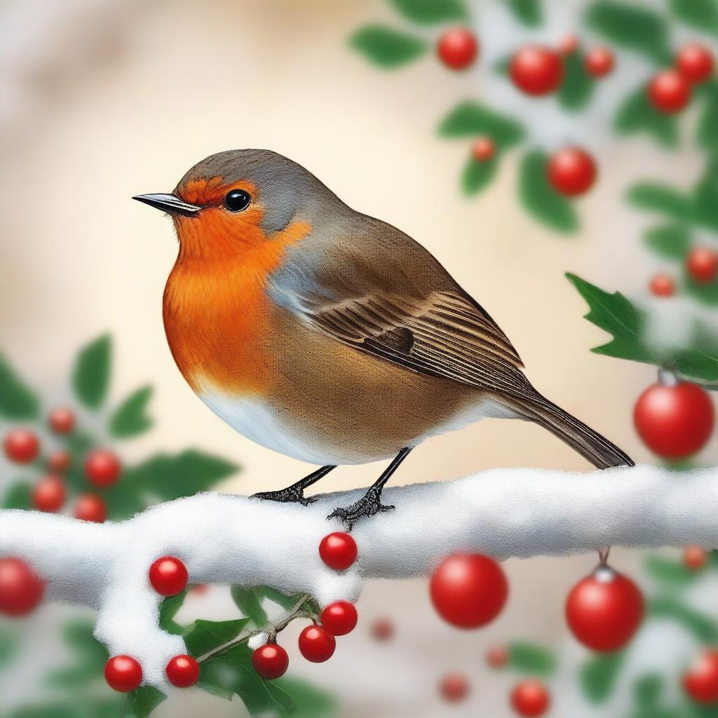 A festive red robin perched on a snow-covered branch, surrounded by Christmas decorations such as holly, ornaments, and twinkling lights