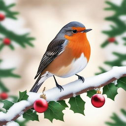 A festive red robin perched on a snow-covered branch, surrounded by Christmas decorations such as holly, ornaments, and twinkling lights