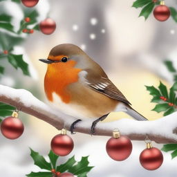 A festive red robin perched on a snow-covered branch, surrounded by Christmas decorations such as holly, ornaments, and twinkling lights