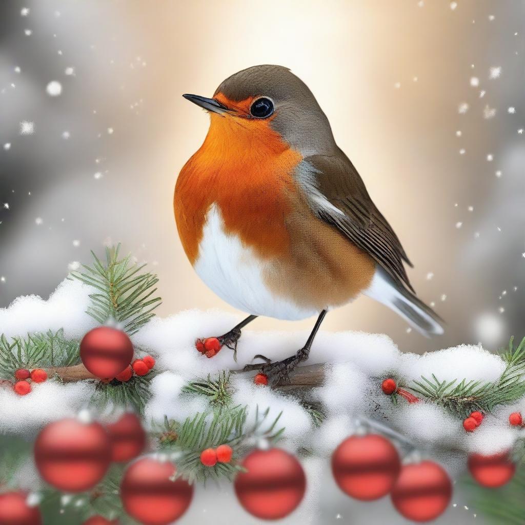 A festive red robin perched on a snow-covered branch, surrounded by Christmas decorations such as holly, ornaments, and twinkling lights