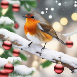 A festive red robin perched on a snow-covered branch, surrounded by Christmas decorations such as holly, ornaments, and twinkling lights