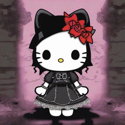 A gothic-themed Hello Kitty, featuring dark clothing, accessories, and a mysterious, moody background