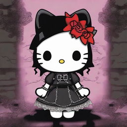 A gothic-themed Hello Kitty, featuring dark clothing, accessories, and a mysterious, moody background