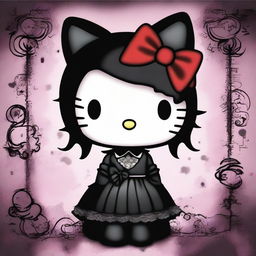 A gothic-themed Hello Kitty, featuring dark clothing, accessories, and a mysterious, moody background