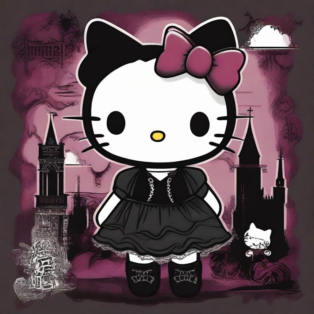 A gothic-themed Hello Kitty, featuring dark clothing, accessories, and a mysterious, moody background