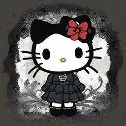 A gothic-themed Hello Kitty, featuring dark clothing, accessories, and a mysterious, moody background