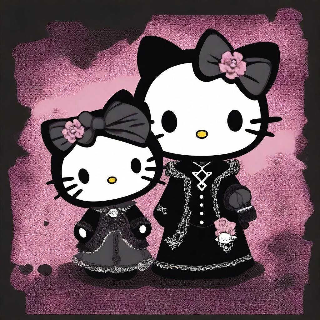 Two gothic-themed Hello Kitty characters, each featuring dark clothing, accessories, and a mysterious, moody background