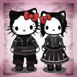 Two gothic-themed Hello Kitty characters, each featuring dark clothing, accessories, and a mysterious, moody background