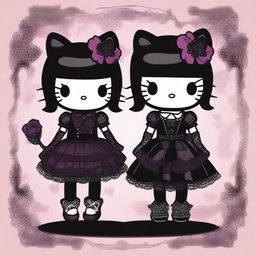 Two gothic-themed Hello Kitty characters, each featuring dark clothing, accessories, and a mysterious, moody background