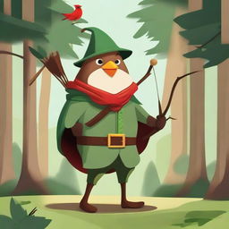 A whimsical illustration of a red robin dressed as Robin Hood, complete with a green hat with a feather, a quiver of arrows, and a small bow