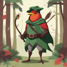 A whimsical illustration of a red robin dressed as Robin Hood, complete with a green hat with a feather, a quiver of arrows, and a small bow