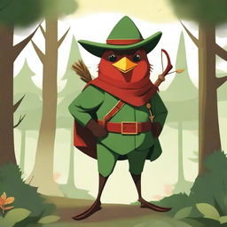 A whimsical illustration of a red robin dressed as Robin Hood, complete with a green hat with a feather, a quiver of arrows, and a small bow