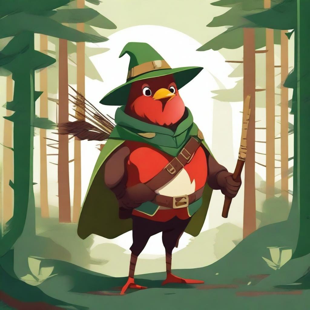 A whimsical illustration of a red robin dressed as Robin Hood, complete with a green hat with a feather, a quiver of arrows, and a small bow