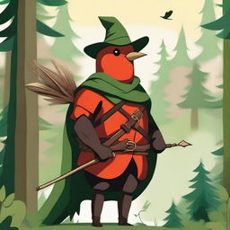 A whimsical illustration of a red robin dressed as Robin Hood, complete with a green hat with a feather, a quiver of arrows, and a small bow