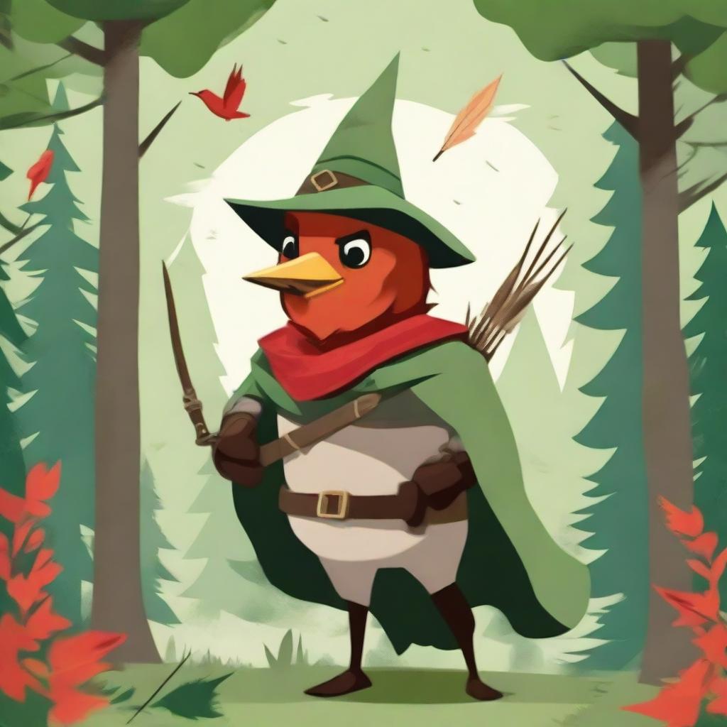 A whimsical illustration of a red robin dressed as Robin Hood, complete with a green hat with a feather, a quiver of arrows, and a small bow