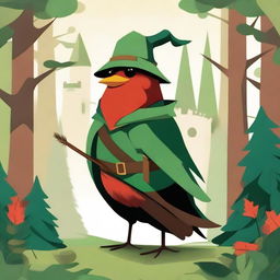 A whimsical illustration of a red robin dressed as Robin Hood, complete with a green hat with a feather, a quiver of arrows, and a small bow