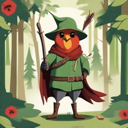 A whimsical illustration of a red robin dressed as Robin Hood, complete with a green hat with a feather, a quiver of arrows, and a small bow