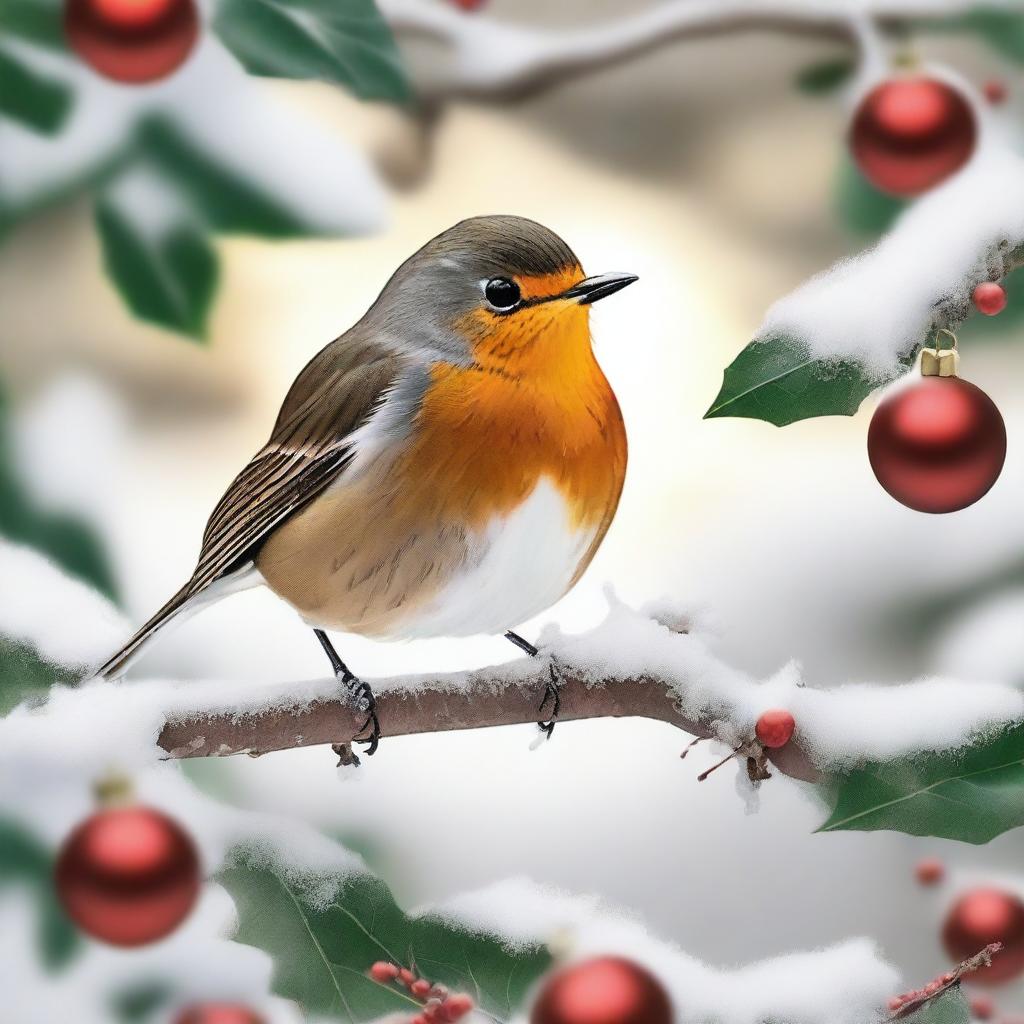 A festive red robin perched on a snow-covered branch, surrounded by Christmas decorations such as holly, ornaments, and twinkling lights