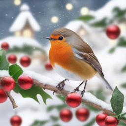 A festive red robin perched on a snow-covered branch, surrounded by Christmas decorations such as holly, ornaments, and twinkling lights