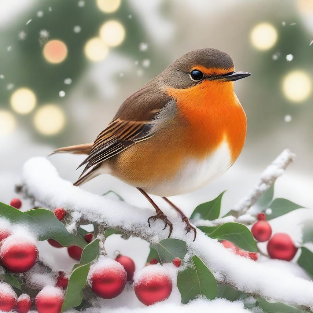 A festive red robin perched on a snow-covered branch, surrounded by Christmas decorations such as holly, ornaments, and twinkling lights