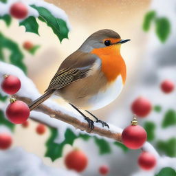 A festive red robin perched on a snow-covered branch, surrounded by Christmas decorations such as holly, ornaments, and twinkling lights