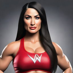 Create a realistic portrait of Nikki Bella, the famous WWE wrestler and television personality, showcasing her strong and confident demeanor