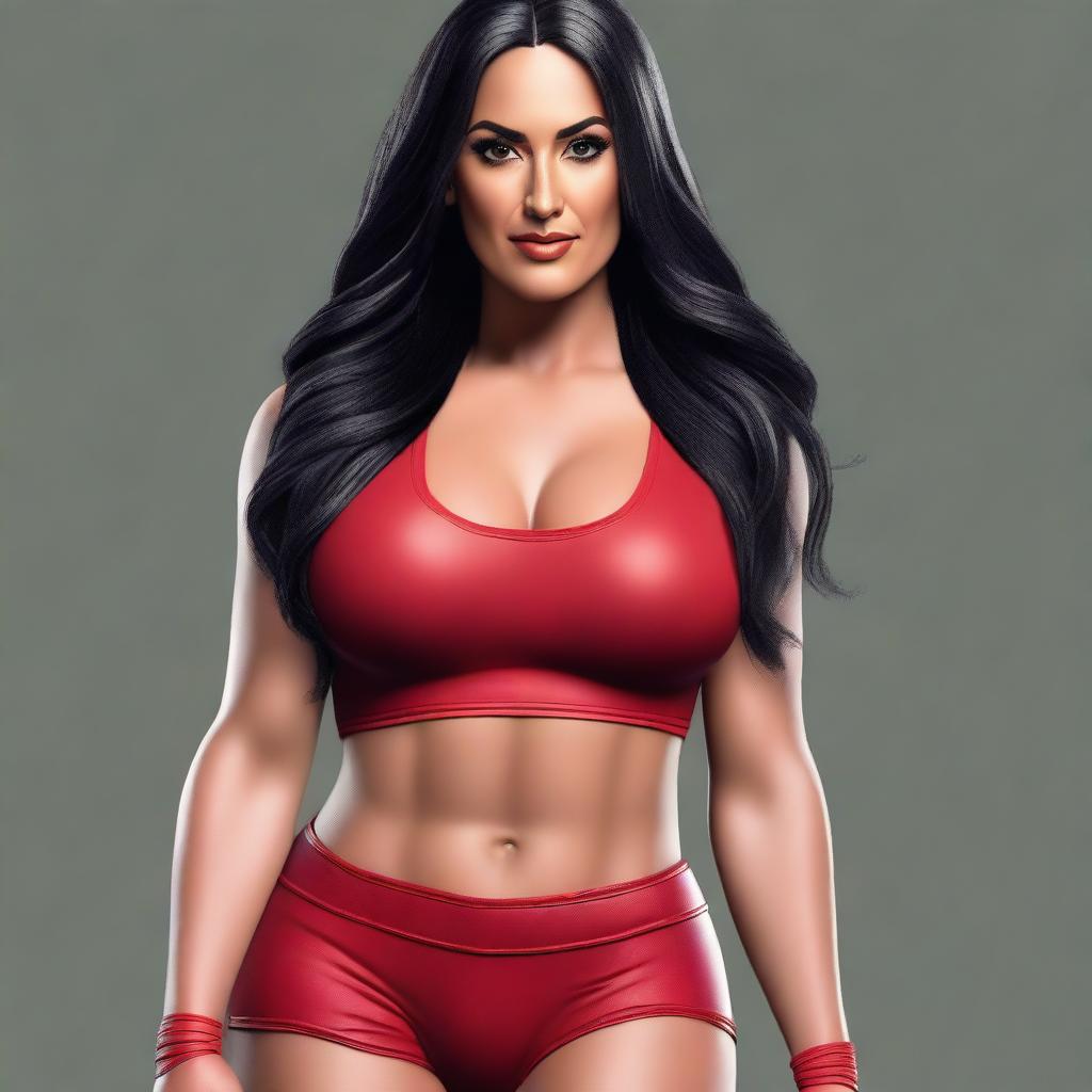 Create a realistic portrait of Nikki Bella, the famous WWE wrestler and television personality, showcasing her strong and confident demeanor