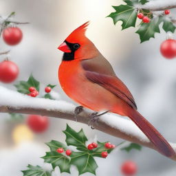 A vibrant red cardinal perched on a snow-covered branch, surrounded by festive Christmas decorations such as holly, berries, and twinkling lights