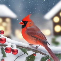 A vibrant red cardinal perched on a snow-covered branch, surrounded by festive Christmas decorations such as holly, berries, and twinkling lights