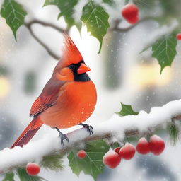 A vibrant red cardinal perched on a snow-covered branch, surrounded by festive Christmas decorations such as holly, berries, and twinkling lights