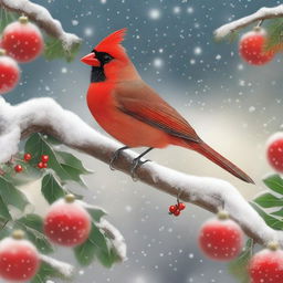 A vibrant red cardinal perched on a snow-covered branch, surrounded by festive Christmas decorations such as holly, berries, and twinkling lights