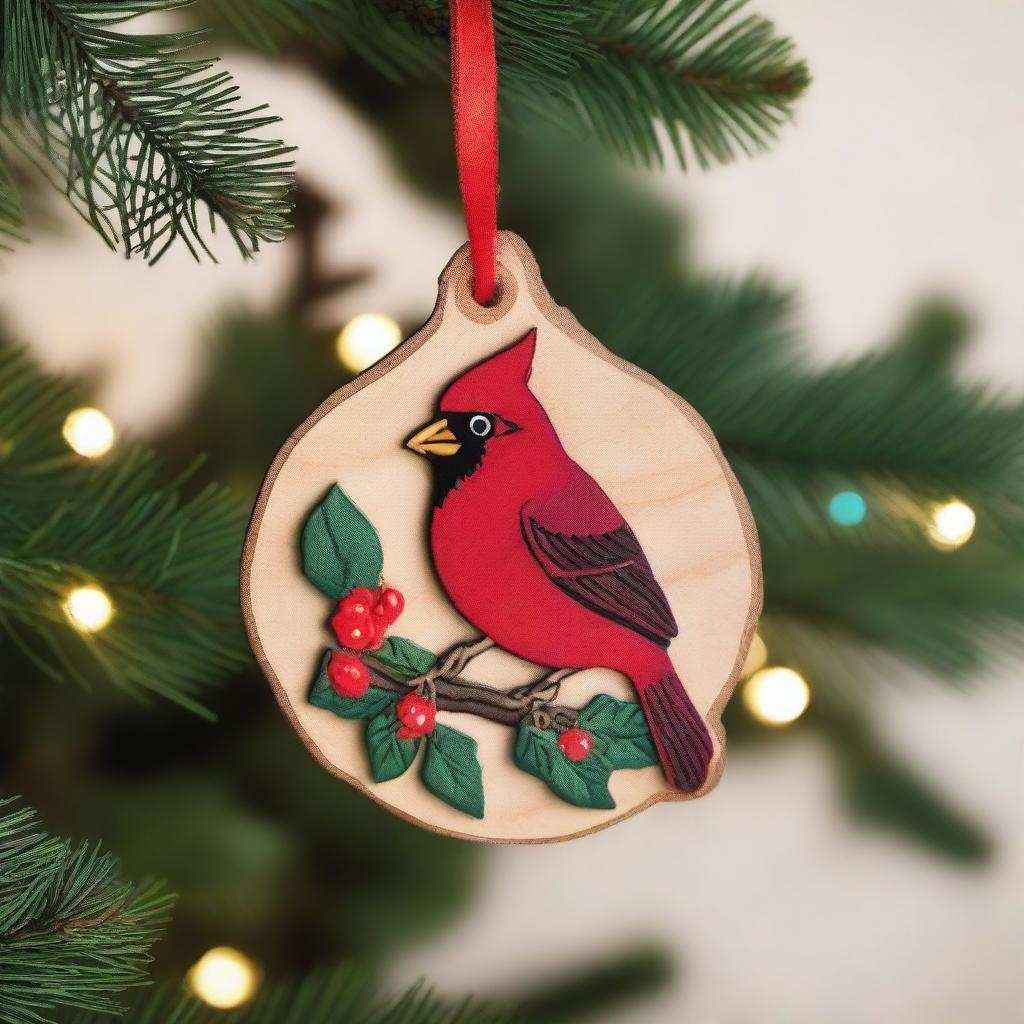 A rustic wooden Christmas ornament featuring a red cardinal