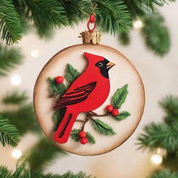 A rustic wooden Christmas ornament featuring a red cardinal