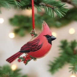 A rustic wooden Christmas ornament featuring a red cardinal