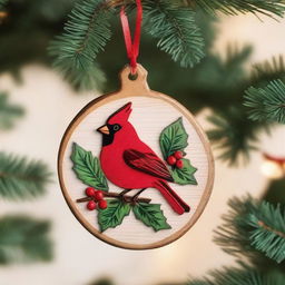 A rustic wooden Christmas ornament featuring a red cardinal