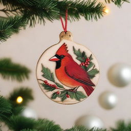 A beautifully crafted wooden Christmas ornament featuring a red cardinal