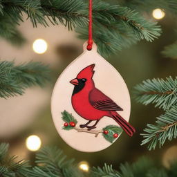 A beautifully crafted wooden Christmas ornament featuring a red cardinal